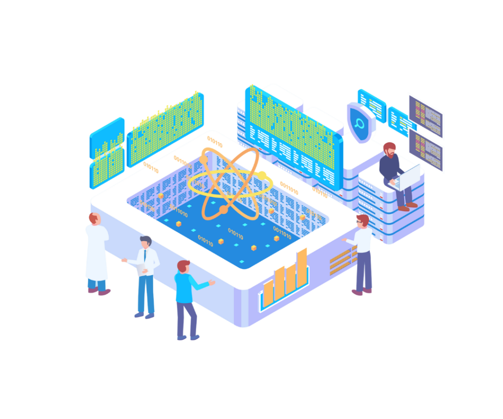Équipe d’experts utilisant des technologies avancées pour analyser de grands volumes de données et extraire des insights