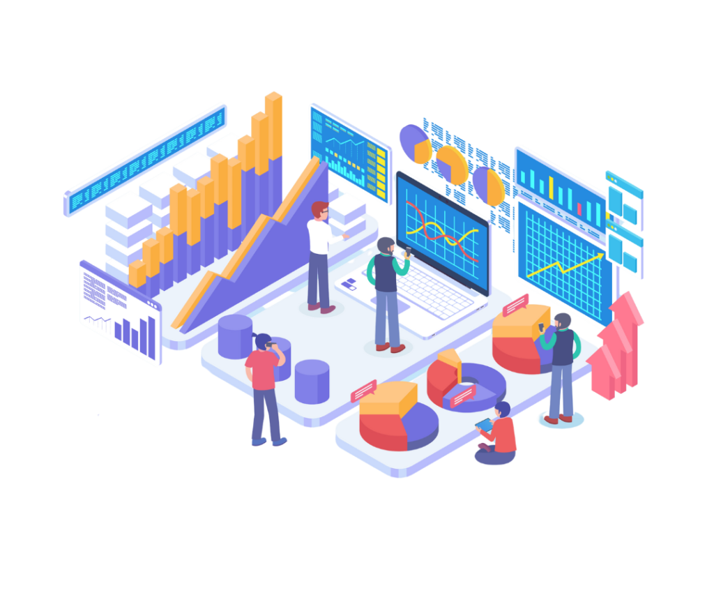 Illustration d’une équipe analysant et visualisant des données à travers des graphiques interactifs et des tableaux de bord