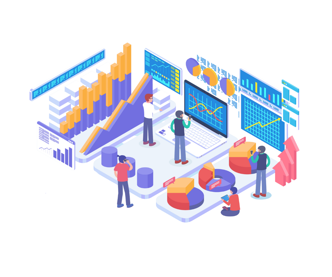 Illustration d’une équipe analysant et visualisant des données à travers des graphiques interactifs et des tableaux de bord