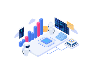 Illustration de robots et dashboards IA collaborant pour automatiser les analyses et optimiser la performance data
