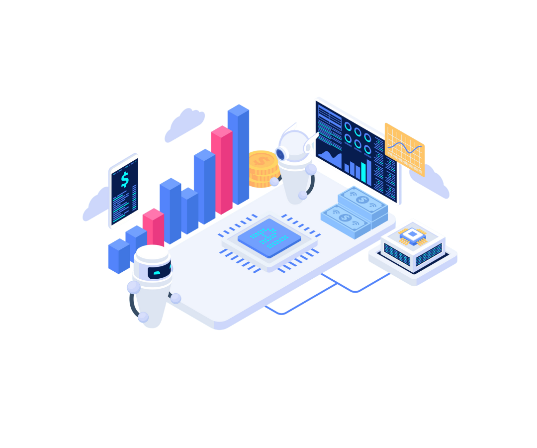 Illustration de robots et dashboards IA collaborant pour automatiser les analyses et optimiser la performance data