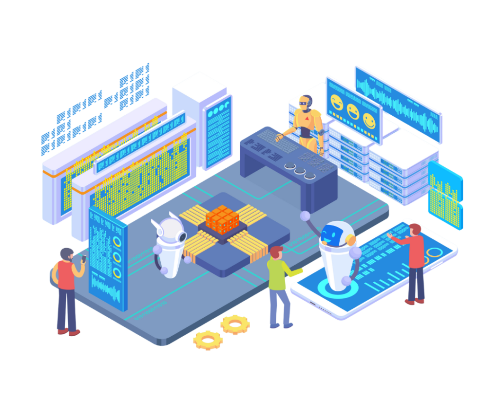 Illustration d’un environnement automatisé combinant IA, robots collaboratifs et interfaces no-code pour optimiser les processus