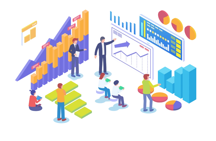 Illustration d’une équipe analysant des graphiques interactifs et des dashboards IA no-code pour optimiser la stratégie data
