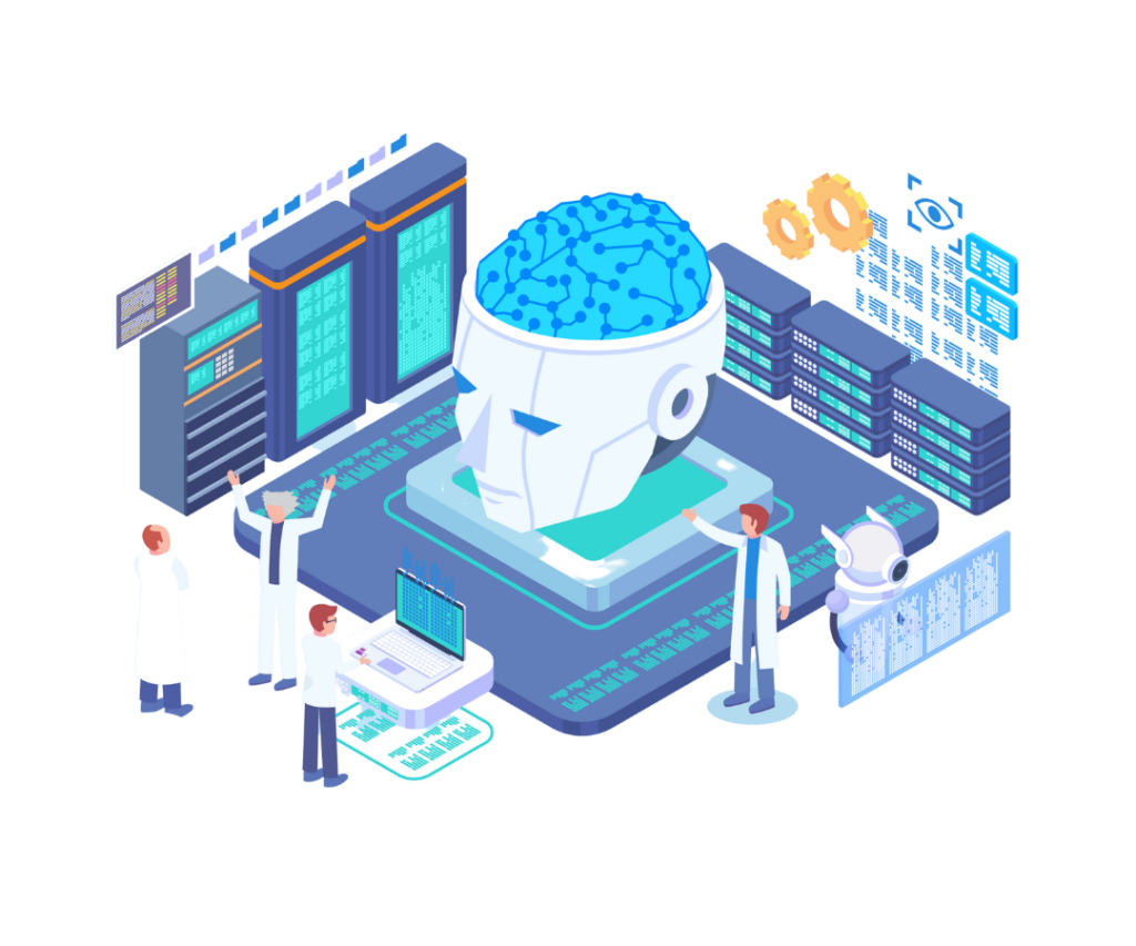 Illustration de scientifiques et robots collaborant autour d’une IA pour analyser et modéliser des données complexes