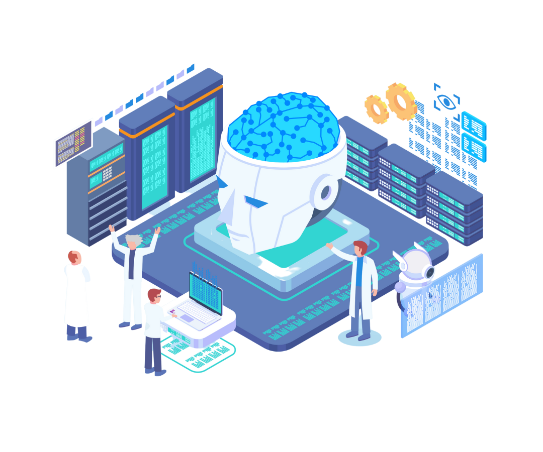 Illustration de scientifiques et robots collaborant autour d’une IA pour analyser et modéliser des données complexes