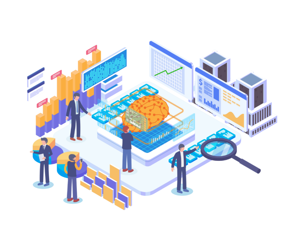 Illustration de l’équipe INQU‑AI utilisant l’IA et des dashboards no-code pour valoriser les données et accompagner les entreprises